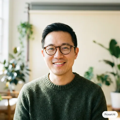 Nano Banana Pro: headshot for a startup team page, man in his thirties, East Asian, round glasses, dark green sweater, light background, warm smile