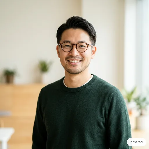 Nano Banana 2: headshot for a startup team page, man in his thirties, East Asian, round glasses, dark green sweater, light background, warm smile