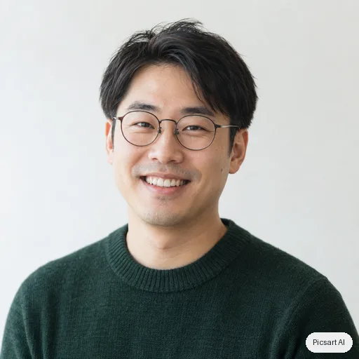 GPT Image 2.5 Sunburst: headshot for a startup team page, man in his thirties, East Asian, round glasses, dark green sweater, light background, warm smile