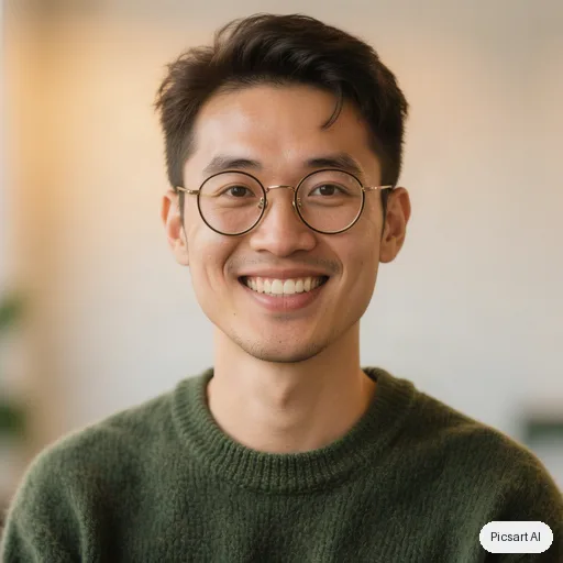 Hunyuan V3: headshot for a startup team page, man in his thirties, East Asian, round glasses, dark green sweater, light background, warm smile