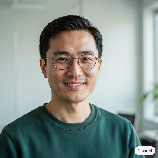 Ideogram 4.5: headshot for a startup team page, man in his thirties, East Asian, round glasses, dark green sweater, light background, warm smile