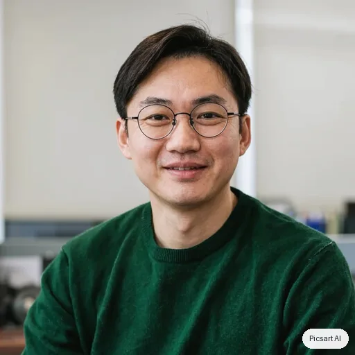 Kling 3.0 Image: headshot for a startup team page, man in his thirties, East Asian, round glasses, dark green sweater, light background, warm smile