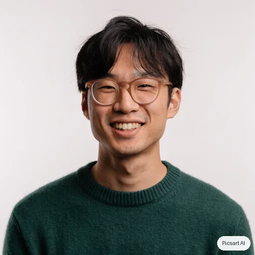 Recraft V4.1: headshot for a startup team page, man in his thirties, East Asian, round glasses, dark green sweater, light background, warm smile