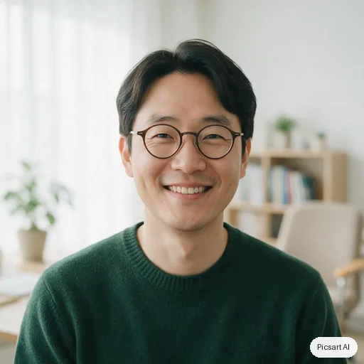 Seedream 5.0 Pro: headshot for a startup team page, man in his thirties, East Asian, round glasses, dark green sweater, light background, warm smile