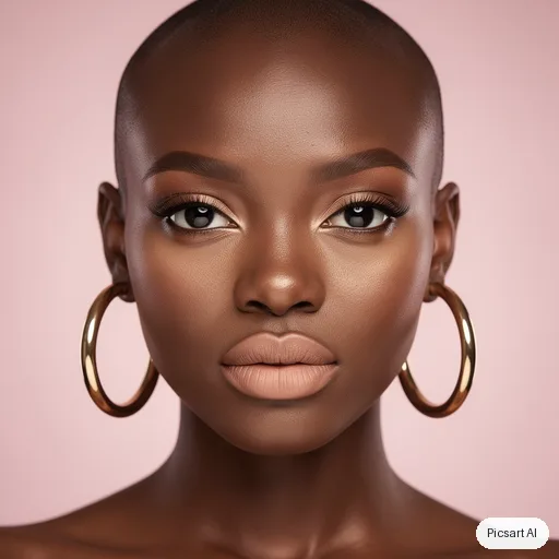 Flux 2 Pro: Close-up beauty portrait of a dark-skinned woman with a shaved head and gold hoop earrings, glowing skin, soft pink studio backdrop, ring light catchlights
