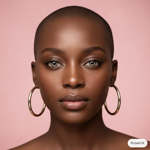 Nano Banana: Close-up beauty portrait of a dark-skinned woman with a shaved head and gold hoop earrings, glowing skin, soft pink studio backdrop, ring light catchlights