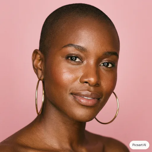Nano Banana Pro: Close-up beauty portrait of a dark-skinned woman with a shaved head and gold hoop earrings, glowing skin, soft pink studio backdrop, ring light catchlights