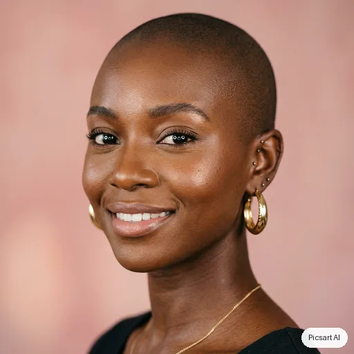 Nano Banana 2: Close-up beauty portrait of a dark-skinned woman with a shaved head and gold hoop earrings, glowing skin, soft pink studio backdrop, ring light catchlights