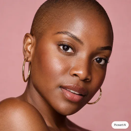 GPT Image 2.5 Sunburst output for: Close-up beauty portrait of a dark-skinned woman with a shaved head and gold hoop earrings, glowing skin, soft pink studio backdrop, ring light catchlights