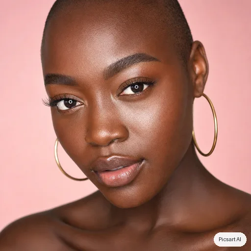 GPT Image 2: Close-up beauty portrait of a dark-skinned woman with a shaved head and gold hoop earrings, glowing skin, soft pink studio backdrop, ring light catchlights