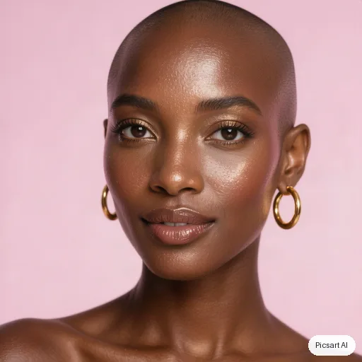 Hunyuan V3: Close-up beauty portrait of a dark-skinned woman with a shaved head and gold hoop earrings, glowing skin, soft pink studio backdrop, ring light catchlights