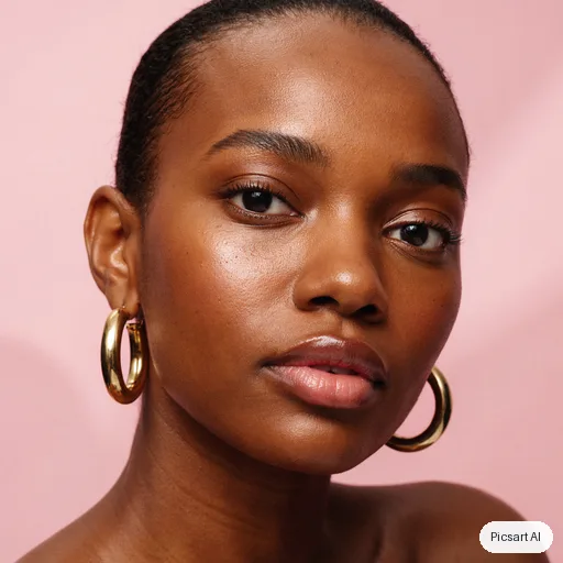 Ideogram 4.5: Close-up beauty portrait of a dark-skinned woman with a shaved head and gold hoop earrings, glowing skin, soft pink studio backdrop, ring light catchlights