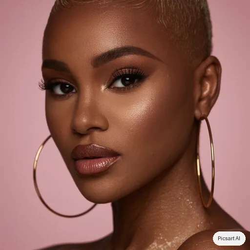 Kling 3.0 Image: Close-up beauty portrait of a dark-skinned woman with a shaved head and gold hoop earrings, glowing skin, soft pink studio backdrop, ring light catchlights