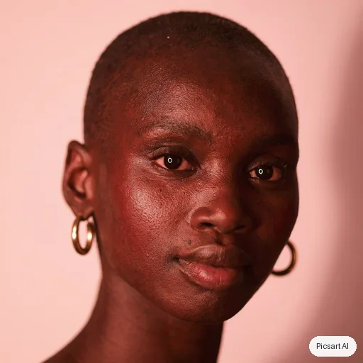 Luma UNI-1: Close-up beauty portrait of a dark-skinned woman with a shaved head and gold hoop earrings, glowing skin, soft pink studio backdrop, ring light catchlights