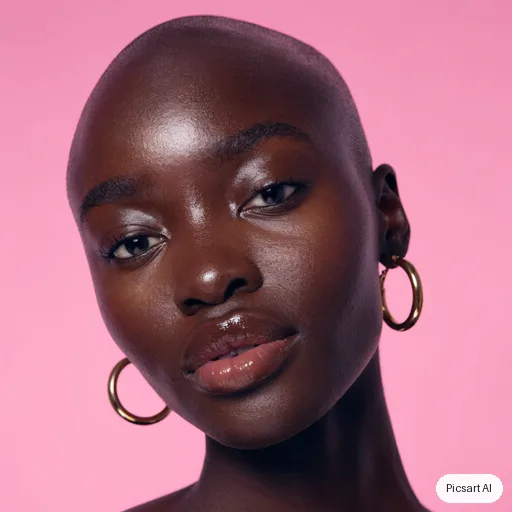 Recraft V4.1: Close-up beauty portrait of a dark-skinned woman with a shaved head and gold hoop earrings, glowing skin, soft pink studio backdrop, ring light catchlights