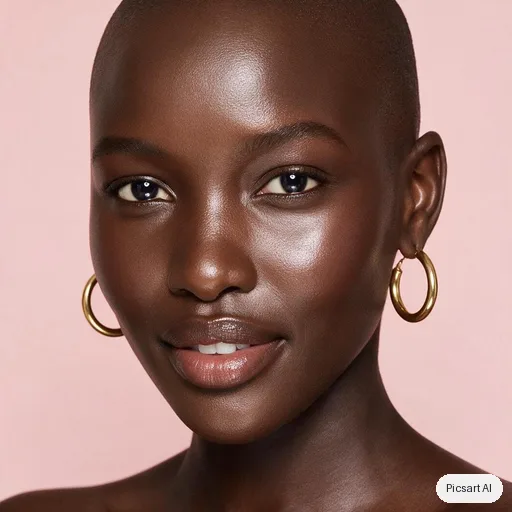 Seedream 5.0 Pro: Close-up beauty portrait of a dark-skinned woman with a shaved head and gold hoop earrings, glowing skin, soft pink studio backdrop, ring light catchlights