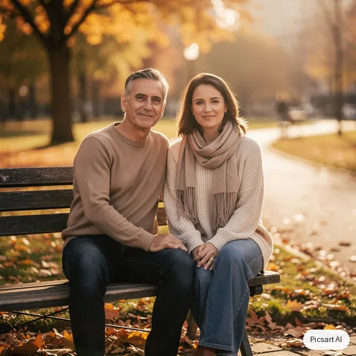 Flux 2 Pro: candid lifestyle photo, a father in his fifties with his adult daughter sitting on a park bench in autumn, golden hour, both looking at the camera