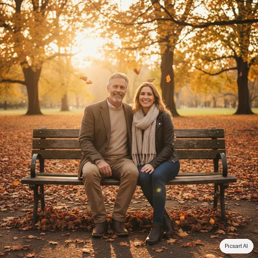 Nano Banana: candid lifestyle photo, a father in his fifties with his adult daughter sitting on a park bench in autumn, golden hour, both looking at the camera
