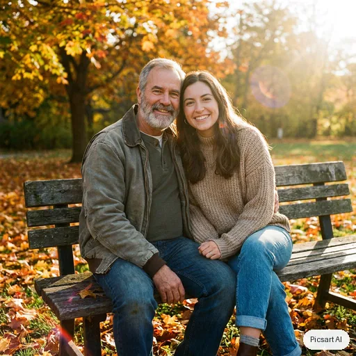 Nano Banana Pro: candid lifestyle photo, a father in his fifties with his adult daughter sitting on a park bench in autumn, golden hour, both looking at the camera