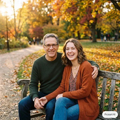 Nano Banana 2: candid lifestyle photo, a father in his fifties with his adult daughter sitting on a park bench in autumn, golden hour, both looking at the camera