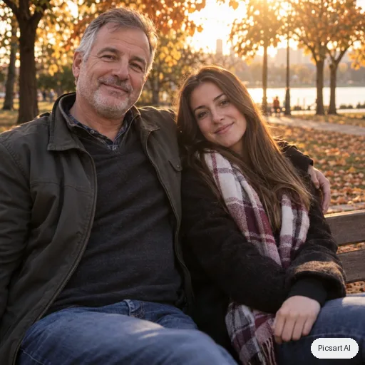 GPT Image 2.5 Sunburst: candid lifestyle photo, a father in his fifties with his adult daughter sitting on a park bench in autumn, golden hour, both looking at the camera
