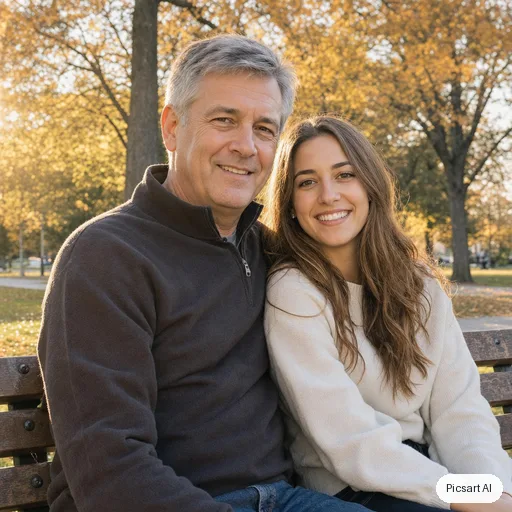 GPT Image 2: candid lifestyle photo, a father in his fifties with his adult daughter sitting on a park bench in autumn, golden hour, both looking at the camera