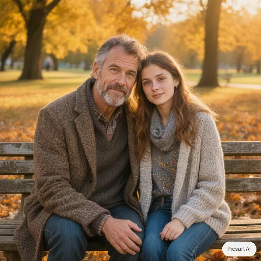 Hunyuan V3: candid lifestyle photo, a father in his fifties with his adult daughter sitting on a park bench in autumn, golden hour, both looking at the camera