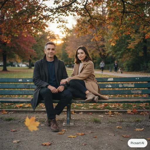 Ideogram 4.5: candid lifestyle photo, a father in his fifties with his adult daughter sitting on a park bench in autumn, golden hour, both looking at the camera