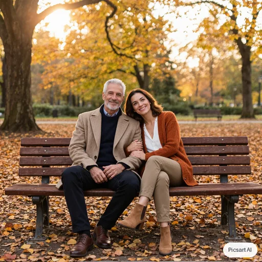 Kling 3.0 Image: candid lifestyle photo, a father in his fifties with his adult daughter sitting on a park bench in autumn, golden hour, both looking at the camera