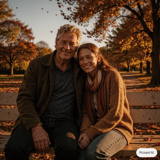 Luma UNI-1: candid lifestyle photo, a father in his fifties with his adult daughter sitting on a park bench in autumn, golden hour, both looking at the camera