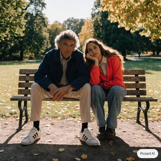 Recraft V4.1: candid lifestyle photo, a father in his fifties with his adult daughter sitting on a park bench in autumn, golden hour, both looking at the camera