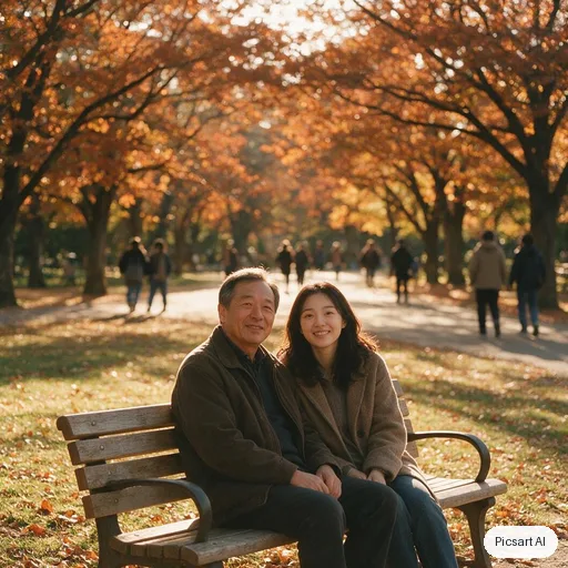 Seedream 5.0 Pro: candid lifestyle photo, a father in his fifties with his adult daughter sitting on a park bench in autumn, golden hour, both looking at the camera