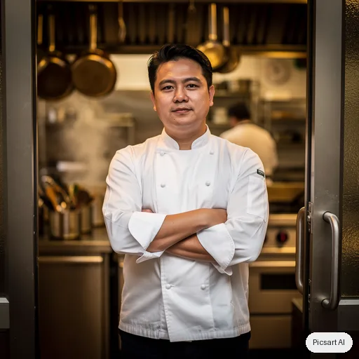 Flux 2 Pro: Portrait of a chef in a white jacket standing in a kitchen doorway, arms crossed, confident look, shallow depth of field, warm tungsten light from inside