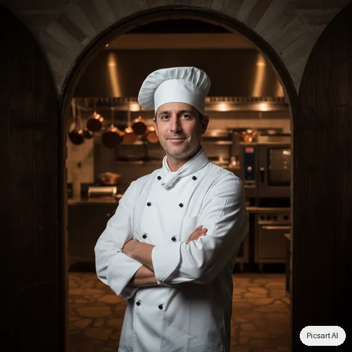 Nano Banana: Portrait of a chef in a white jacket standing in a kitchen doorway, arms crossed, confident look, shallow depth of field, warm tungsten light from inside