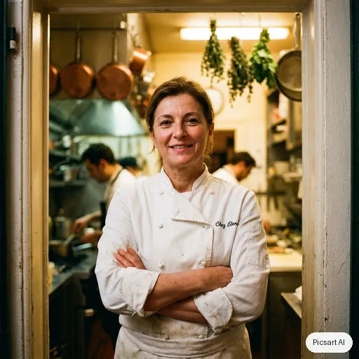 Nano Banana Pro: Portrait of a chef in a white jacket standing in a kitchen doorway, arms crossed, confident look, shallow depth of field, warm tungsten light from inside