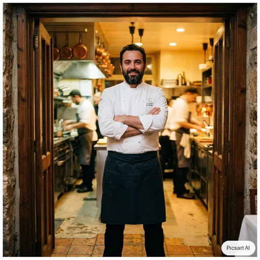 Nano Banana 2: Portrait of a chef in a white jacket standing in a kitchen doorway, arms crossed, confident look, shallow depth of field, warm tungsten light from inside