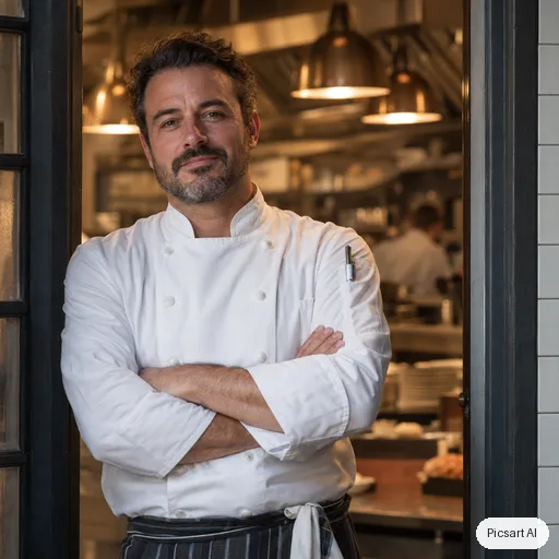 GPT Image 2.5 Sunburst: Portrait of a chef in a white jacket standing in a kitchen doorway, arms crossed, confident look, shallow depth of field, warm tungsten light from inside