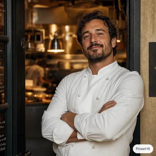 GPT Image 2: Portrait of a chef in a white jacket standing in a kitchen doorway, arms crossed, confident look, shallow depth of field, warm tungsten light from inside