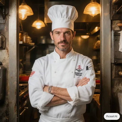 Hunyuan V3: Portrait of a chef in a white jacket standing in a kitchen doorway, arms crossed, confident look, shallow depth of field, warm tungsten light from inside
