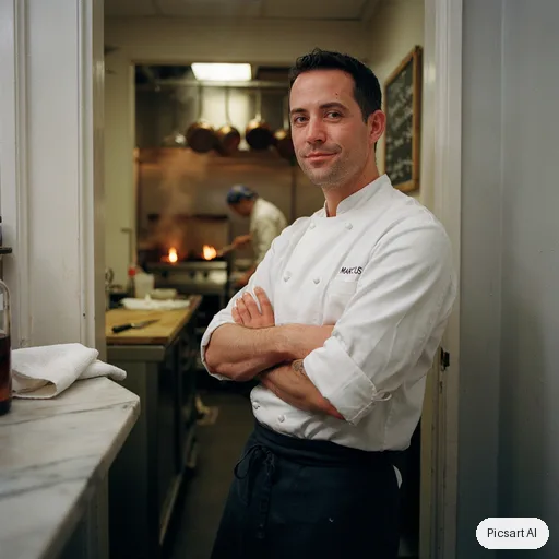 Ideogram 4.5: Portrait of a chef in a white jacket standing in a kitchen doorway, arms crossed, confident look, shallow depth of field, warm tungsten light from inside
