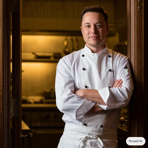 Kling 3.0 Image: Portrait of a chef in a white jacket standing in a kitchen doorway, arms crossed, confident look, shallow depth of field, warm tungsten light from inside