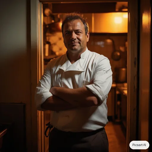 Luma UNI-1: Portrait of a chef in a white jacket standing in a kitchen doorway, arms crossed, confident look, shallow depth of field, warm tungsten light from inside