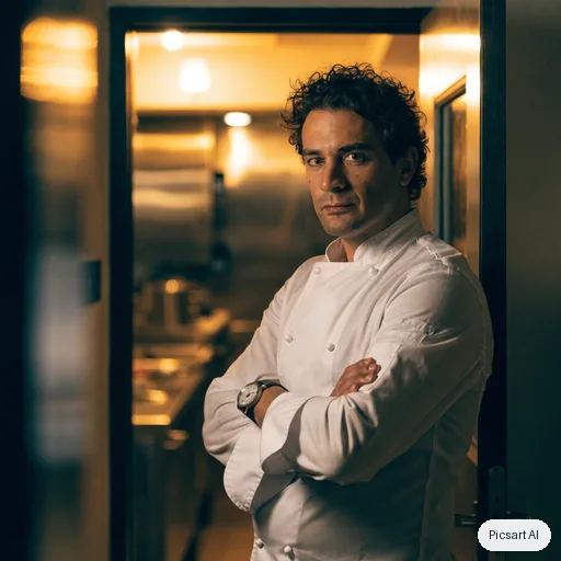 Recraft V4.1: Portrait of a chef in a white jacket standing in a kitchen doorway, arms crossed, confident look, shallow depth of field, warm tungsten light from inside