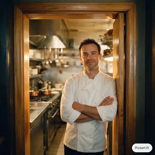 Seedream 5.0 Pro: Portrait of a chef in a white jacket standing in a kitchen doorway, arms crossed, confident look, shallow depth of field, warm tungsten light from inside