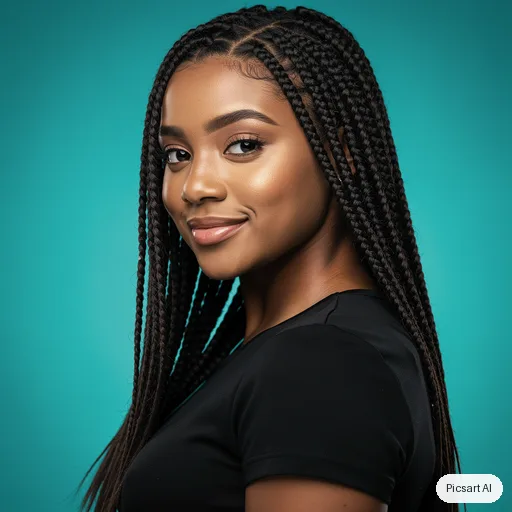 Flux 2 Pro: Actor headshot, young woman with long dark braids, plain black top, teal background, three-quarter angle, sharp eyes, slight smile