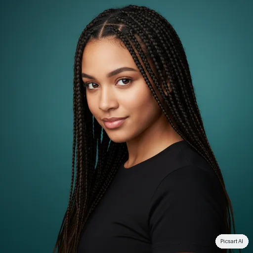 Nano Banana: Actor headshot, young woman with long dark braids, plain black top, teal background, three-quarter angle, sharp eyes, slight smile