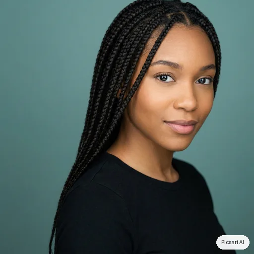 Nano Banana Pro: Actor headshot, young woman with long dark braids, plain black top, teal background, three-quarter angle, sharp eyes, slight smile
