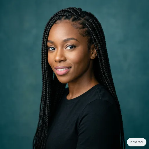 Nano Banana 2: Actor headshot, young woman with long dark braids, plain black top, teal background, three-quarter angle, sharp eyes, slight smile