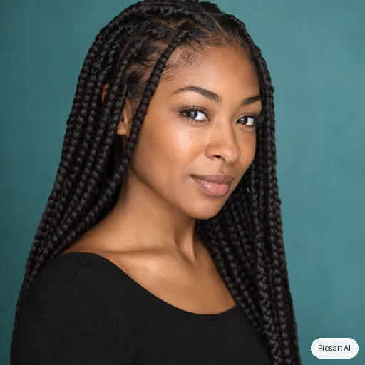 GPT Image 2.5 Sunburst output for: Actor headshot, young woman with long dark braids, plain black top, teal background, three-quarter angle, sharp eyes, slight smile