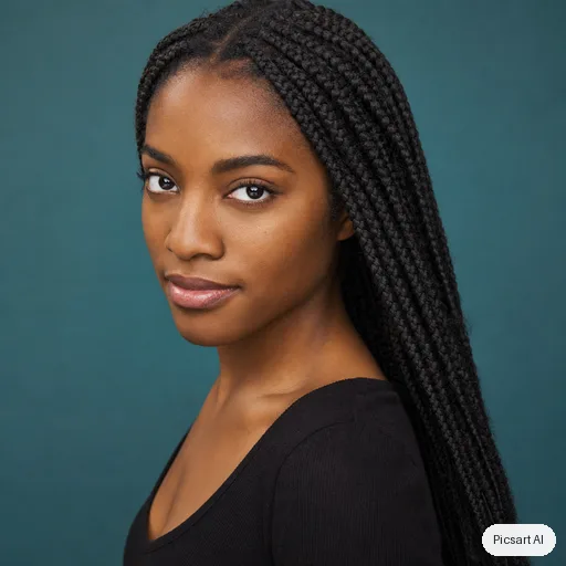 GPT Image 2: Actor headshot, young woman with long dark braids, plain black top, teal background, three-quarter angle, sharp eyes, slight smile